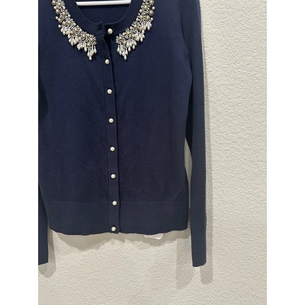 Kate Spade Navy Blue Cotton Cashmere Pearl Embellished Cardigan Sweater Small